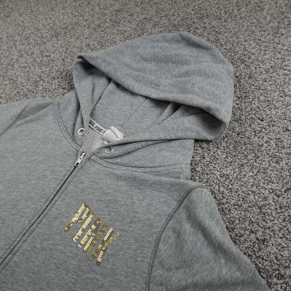 PINK Victorias Secret Hoodie Womens M Gray Sequin Full Zip Sweatshirt Jacket Y2K